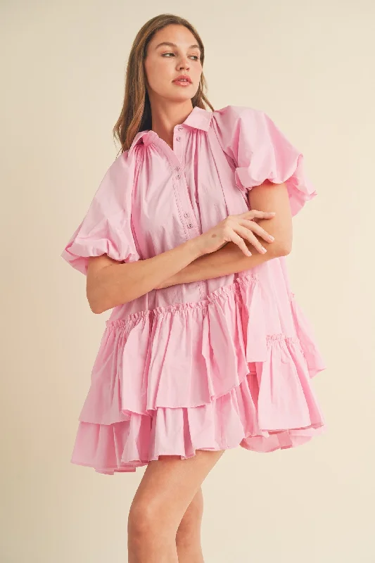 Puff-sleeve DressCool Pink Bubble Sleeve Button Down Babydoll Dress