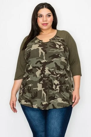 Layered ShirtsPSFU Camo Ribbed Material Horseshoe Neck Shirt Top