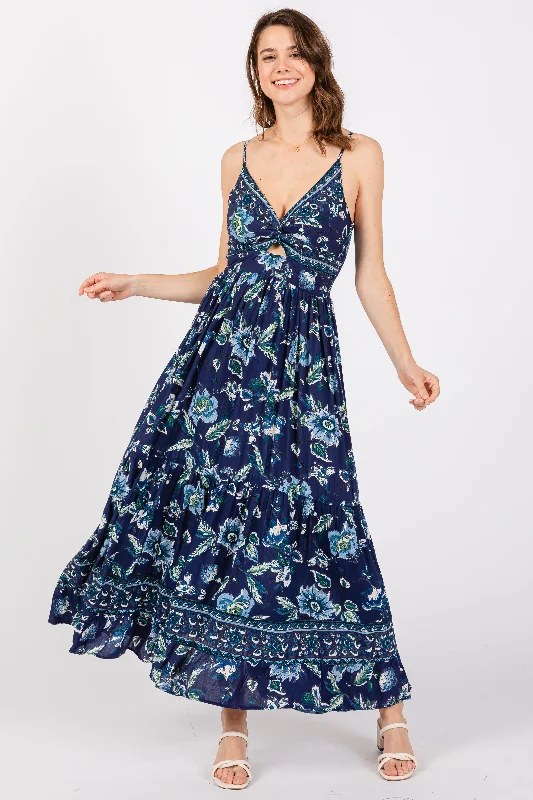 Hiking DressNavy Blue Floral Front Knot Twist Maxi Dress