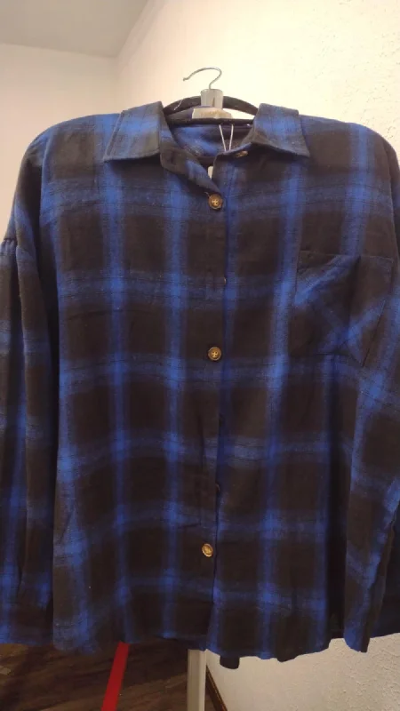 Metallic ShirtsBlue Black Plaid Button Up Down Shirt Top