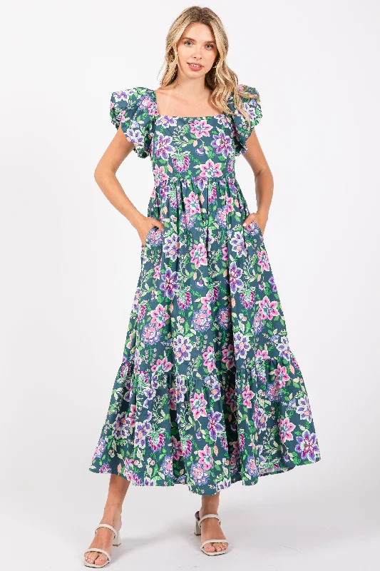 Midi DressGreen Floral Square Neck Puffy Sleeves Dress