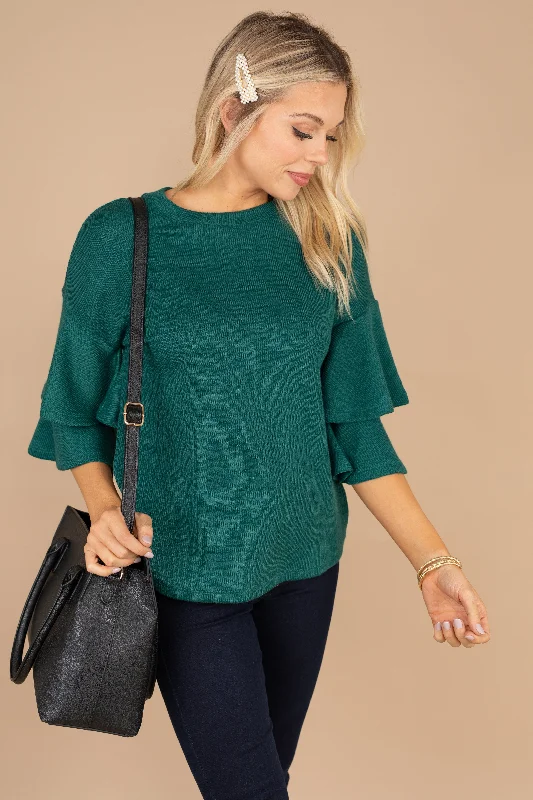 What It's All About Green Ruffled SweaterLace-Up Knit Tops