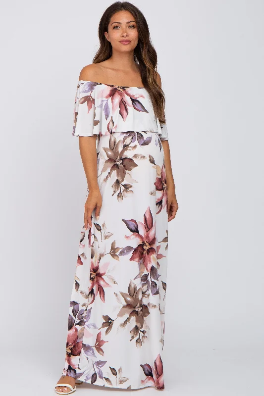 Rain DressIvory Floral Off Shoulder Maternity Maxi Dress