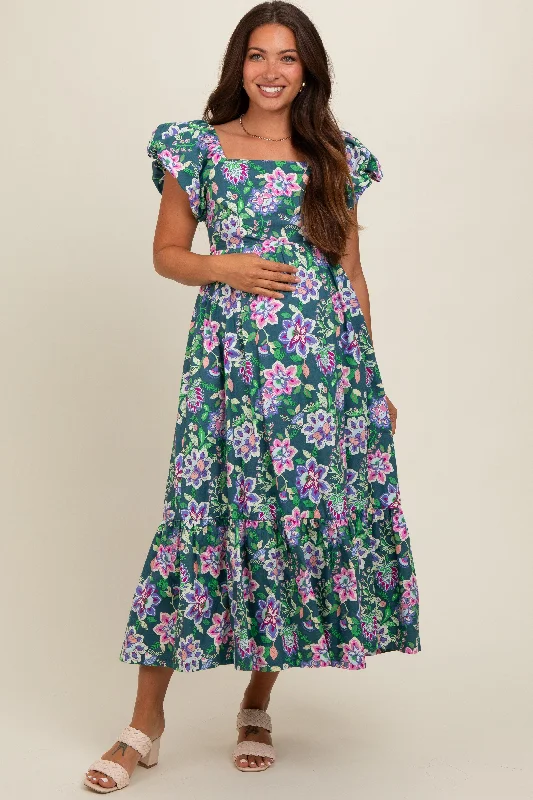 Reflective DressGreen Floral Square Neck Puffy Sleeves Maternity Dress