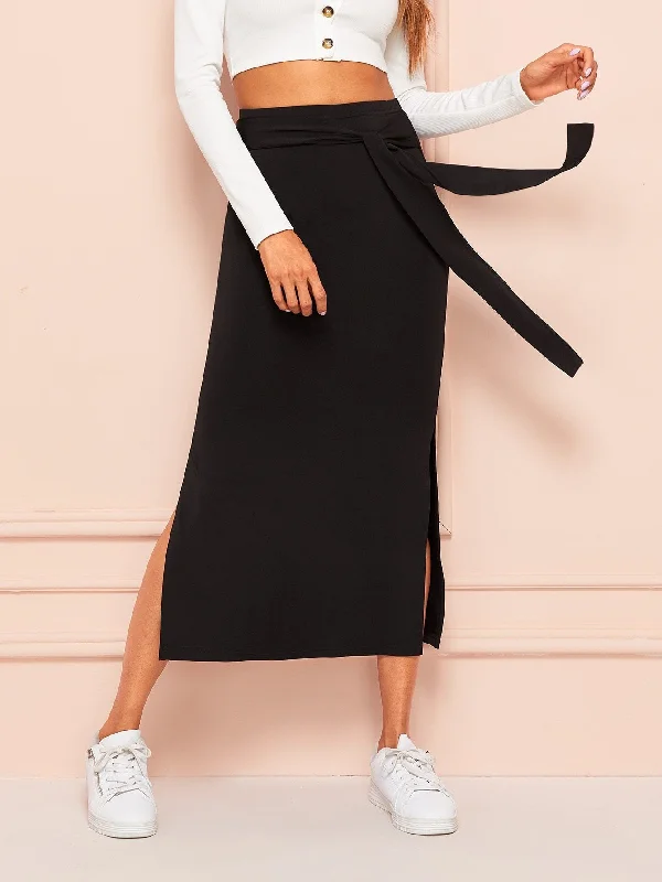 Tie Waist Split Side Solid SkirtCulotte Skirt