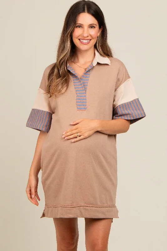 Tulle DressMocha Striped Color Block Collared Terry Maternity Dress