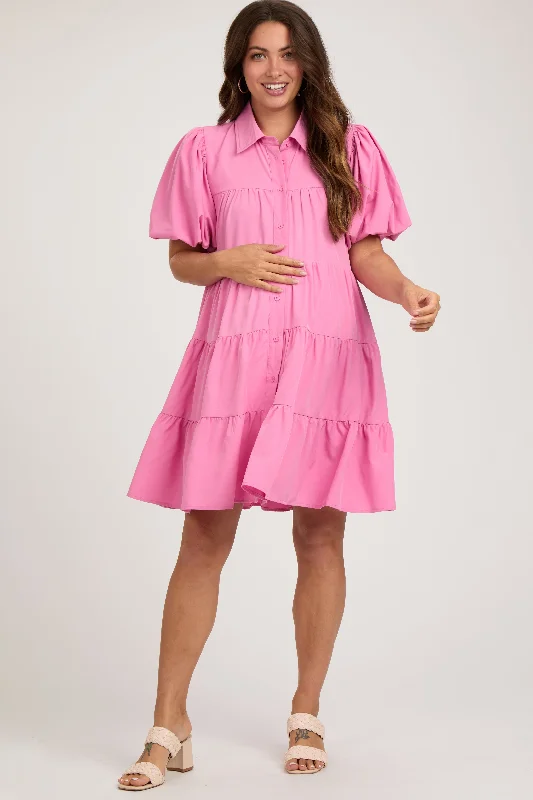 Sheer DressPink Puff Sleeve Maternity Mini Shirt Dress