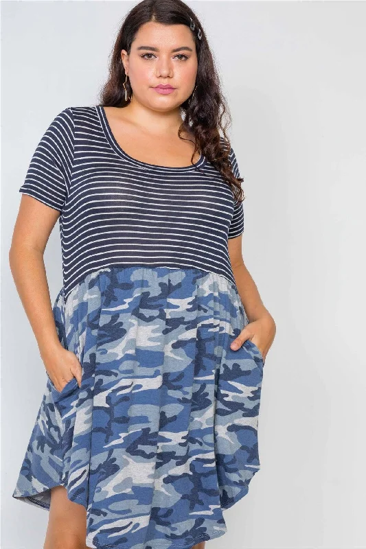 Sheer DressJunior Plus Size Combo Camo Blue Short Sleeve Knit Dress /2-2-2