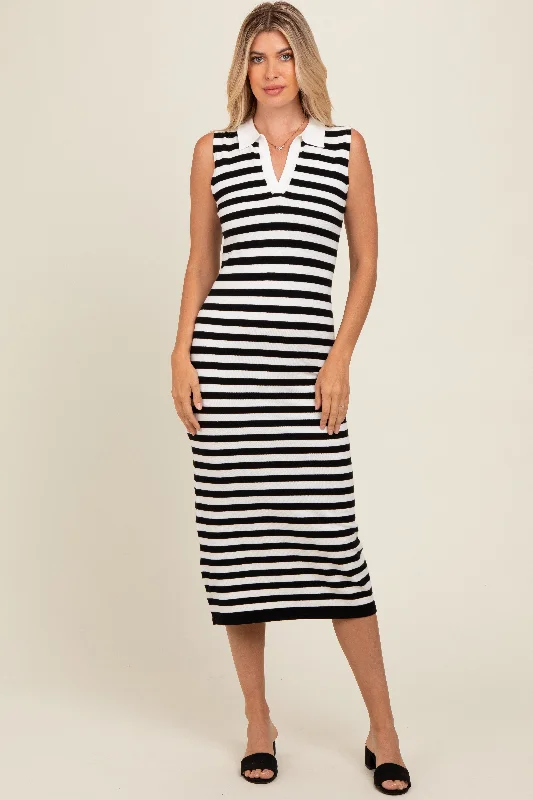 Party DressBlack Striped Fitted Polo Midi Dress