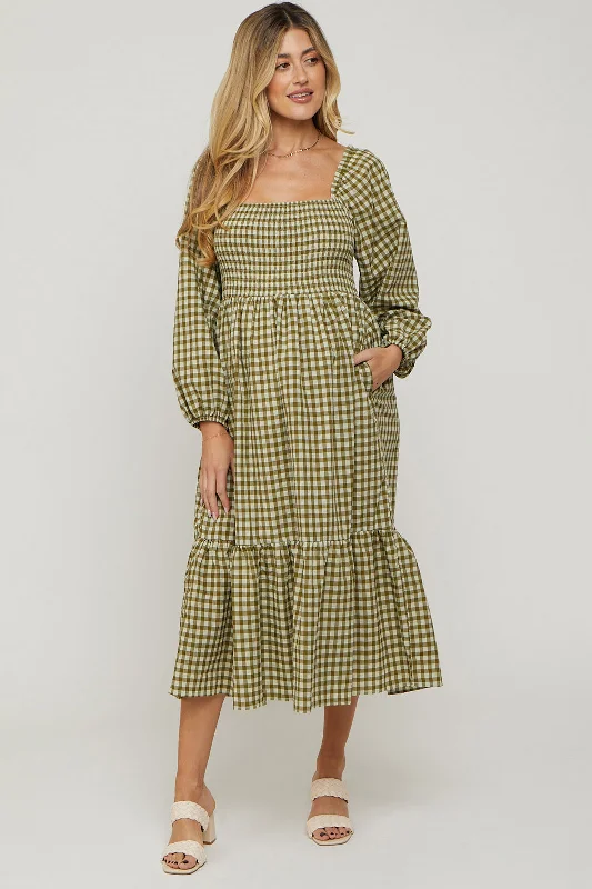 Olive Gingham Long Sleeve Maternity Midi Dress