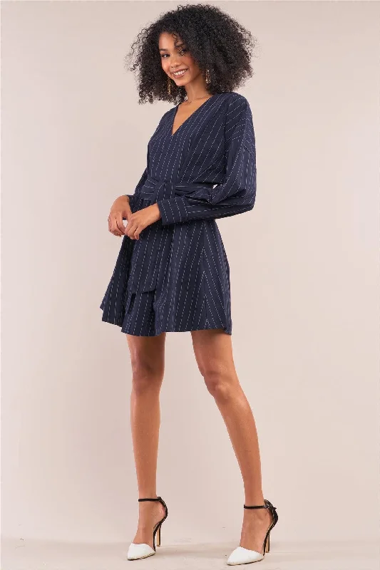 Strapless DressNavy Pinstriped Long Puff Sleeve Surplice Neck Wrap Mini Shirt Dress /1-2-2