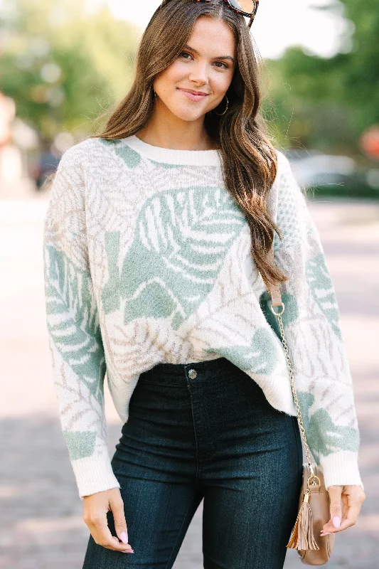 All In Love Sage Green Leaf Print SweaterRuffled Knit Tops