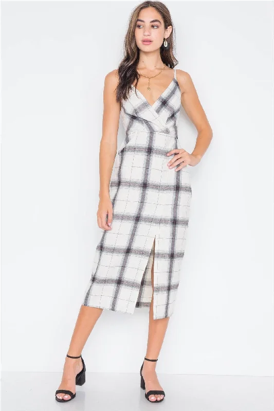 Sequin DressIvory Plaid Cami Straps Front Slit Midi Dress /3-2-1