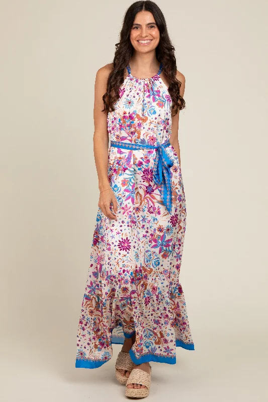 Wedding DressViolet Floral Halter Front Tie Maxi Dress