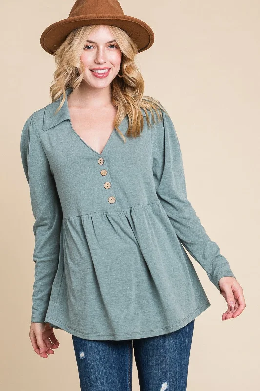 Layered ShirtsGreen Button Shirt Top w Collar Detail