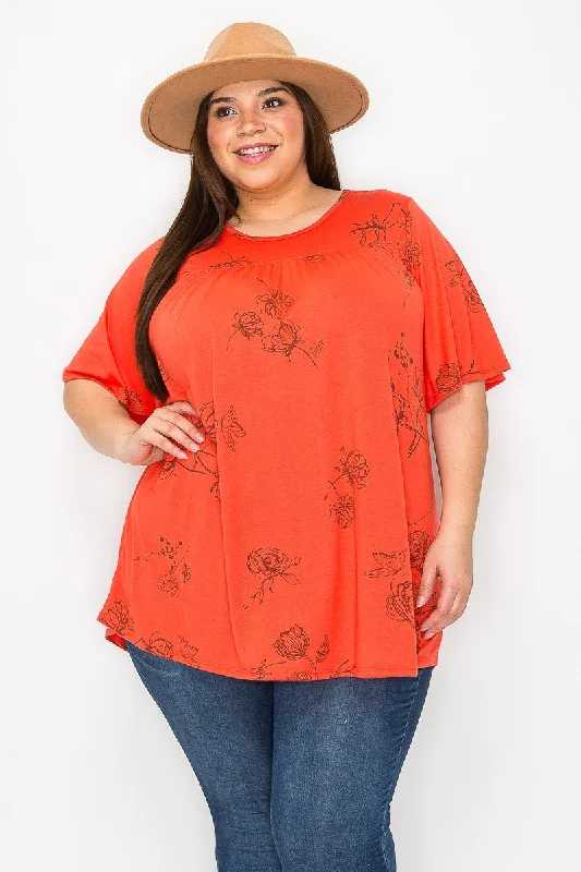 Satin ShirtsOrange Floral Shirred Shirt Top