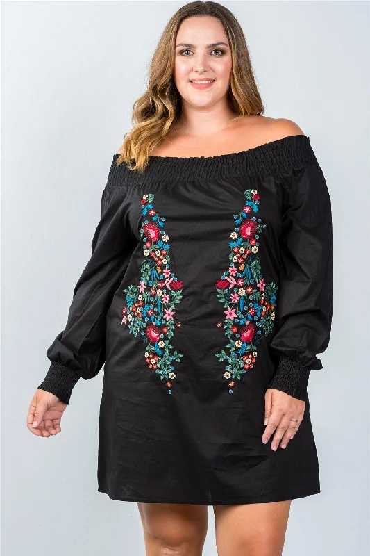 Crinoline DressPlus Size Black Floral Embroidered Off The Shoulder Tunic Dress /2-2-2