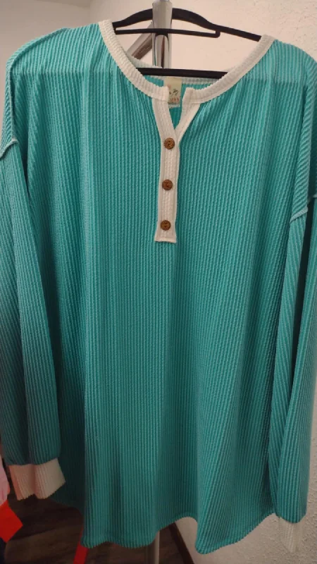 Statement ShirtsTurquoise Teal Shirt Top w White Trim and Buttons