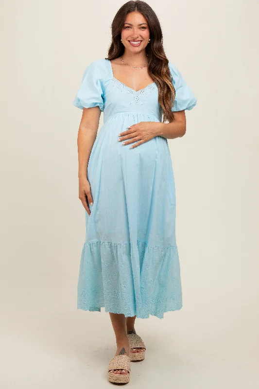 Running DressLight Blue Eyelet Scalloped V-Neck Short Puff Sleeve Maternity Midi Dress