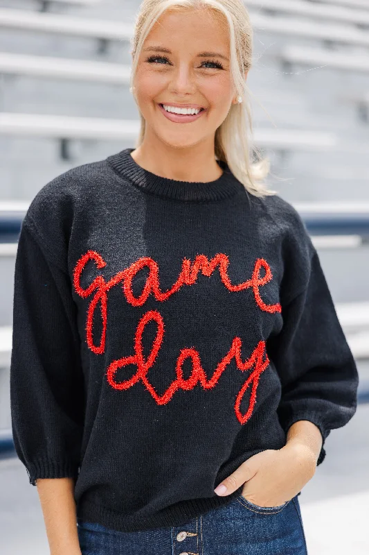 It's Game Day Black/Red Puff Sleeve SweaterOrganic Cotton Knit Tops