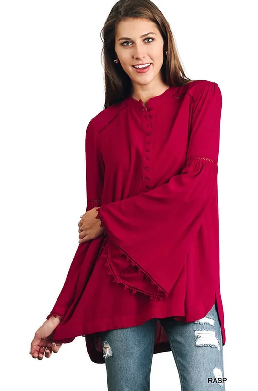 Velvet ShirtsPopover Trumpet Sleeve Blouse, Raspberry