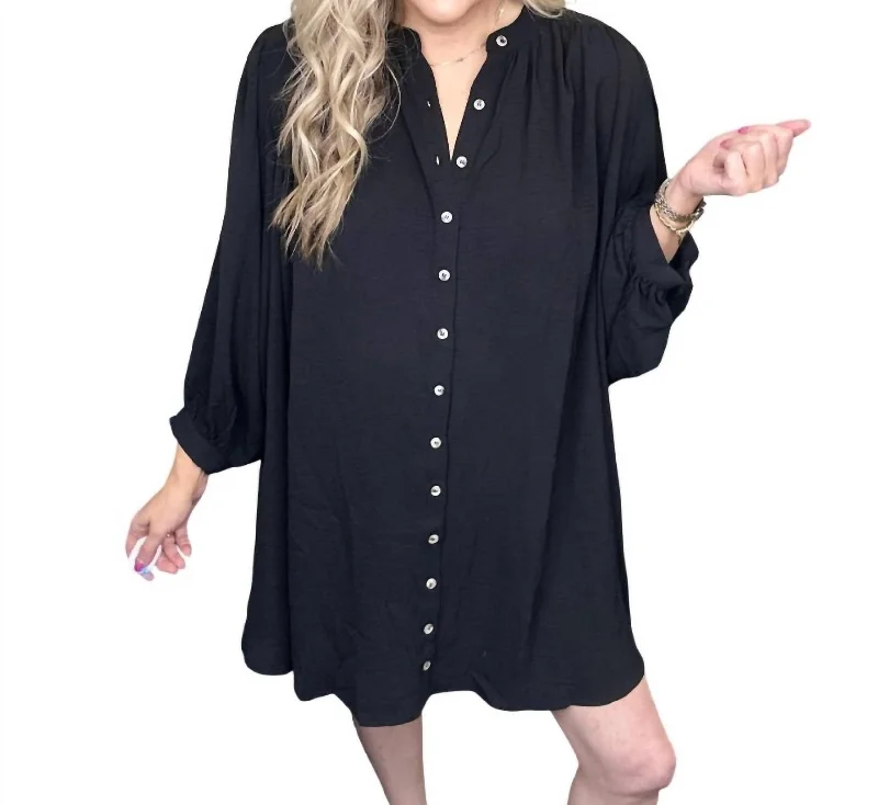 Terry Tunic Long Sleeve Mini Dress In Black