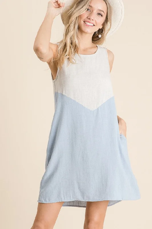 Waterproof DressBlue Solid Linen Colorblock A Line Dress