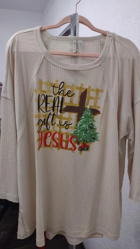 Polyester ShirtsThe Real Gift is Jesus Waffle Knit Shirt Top