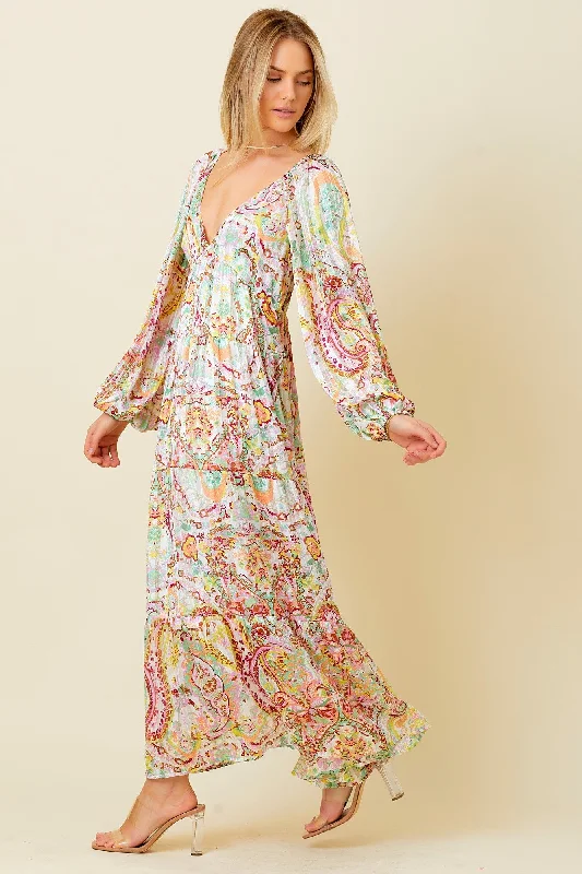 School DressMulti-Color Floral Metallic Striped Tiered Long Puff Sleeve Maxi Dress