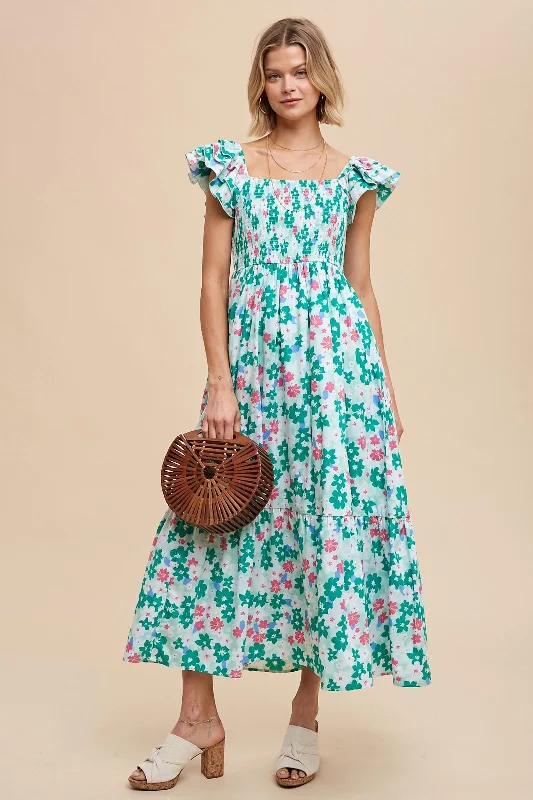 Wedding DressGreen Floral Smocked Ruffle Sleeve Maxi Dress