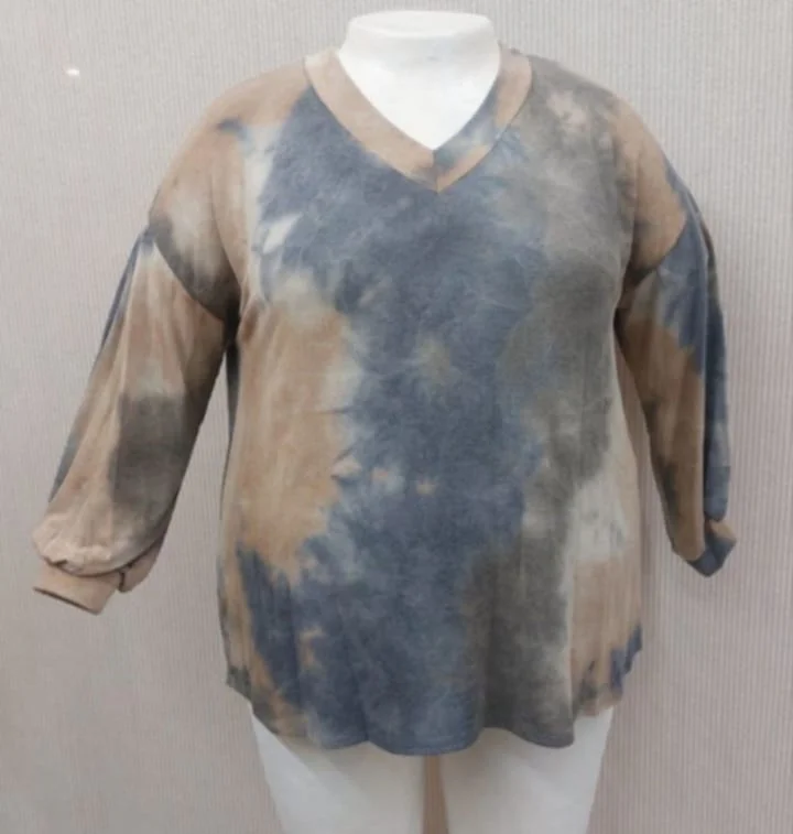 Festival ShirtsPSFU Blue Brown V Neck Tie Dye Bubble Sleeve Shirt Top