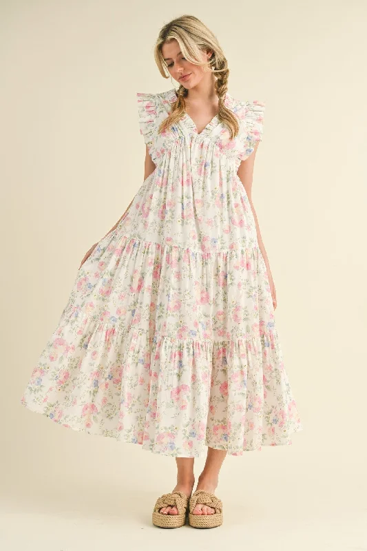 Cheerleader DressIvory Pink Floral Ruffled Floral Midi Dress