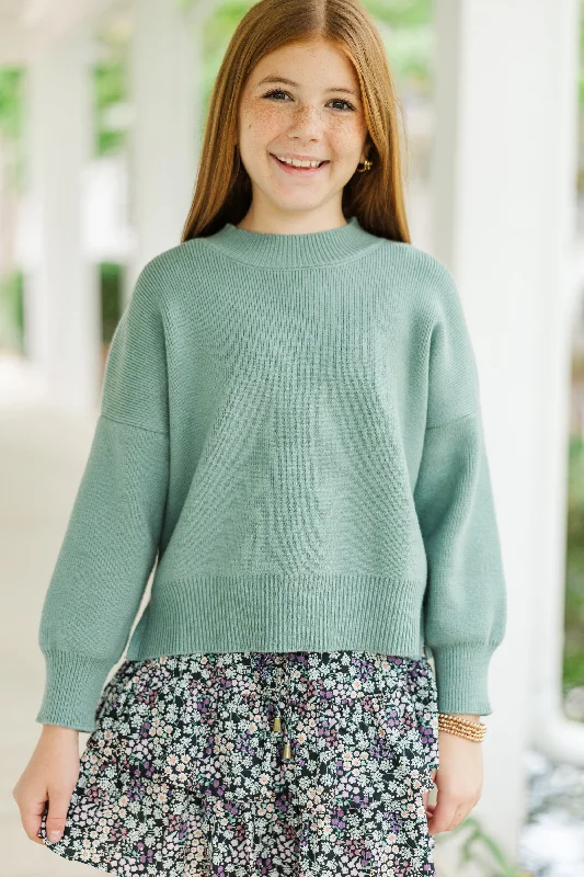 Girls: Perfectly You Sage Green Mock Neck SweaterMetallic Knit Tops