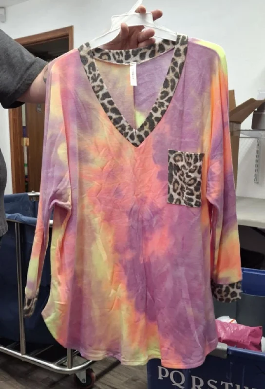 Quick-Dry ShirtsPink Purple Yellow Tie Dye Shirt with Leopard Trim