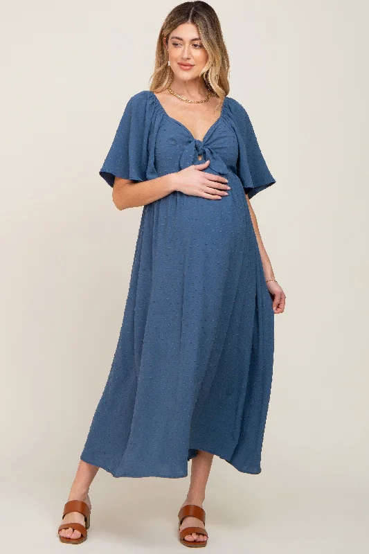 Mini DressNavy Blue Textured Dot Front Tie Ruffle Sleeve Maternity Midi Dress