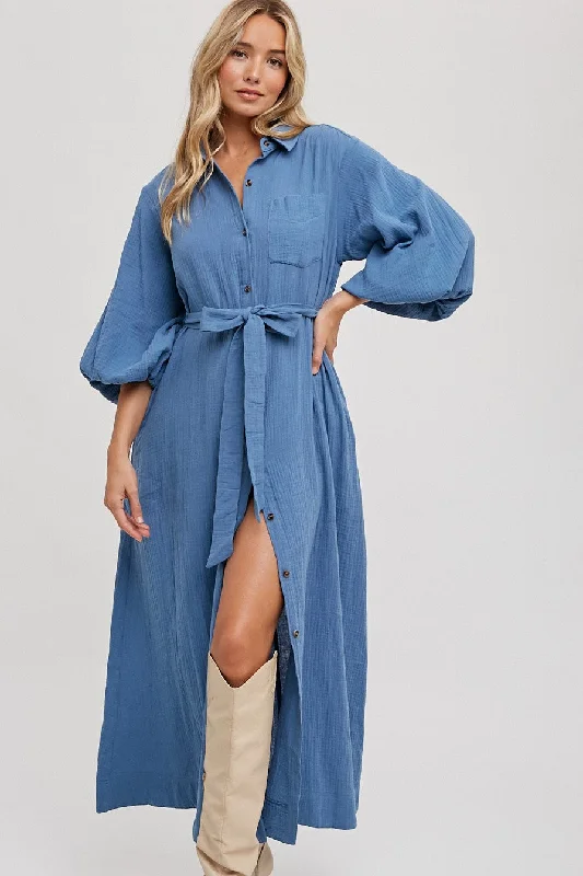 Designer DressBlue Gauze Belted Shirt Midi Dress