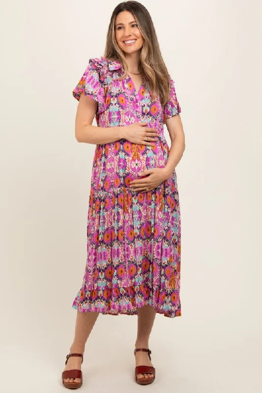 Rain DressMagenta Print Ruffle Accent Maternity Midi Dress