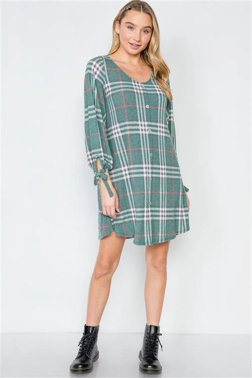 Geometric DressGreen Plaid Casual Knit Button-Front Dress /2-1-2