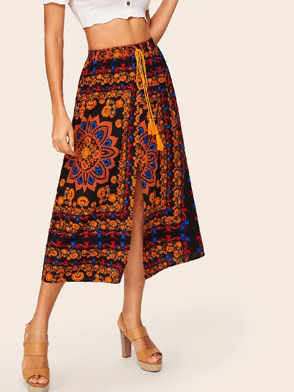 Floral Scarf Print Slit SkirtUtility Skirt