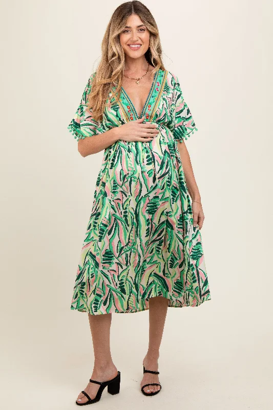 Cocktail DressGreen Embroidered V-Neck Short Pom Sleeve Maternity Midi Dress