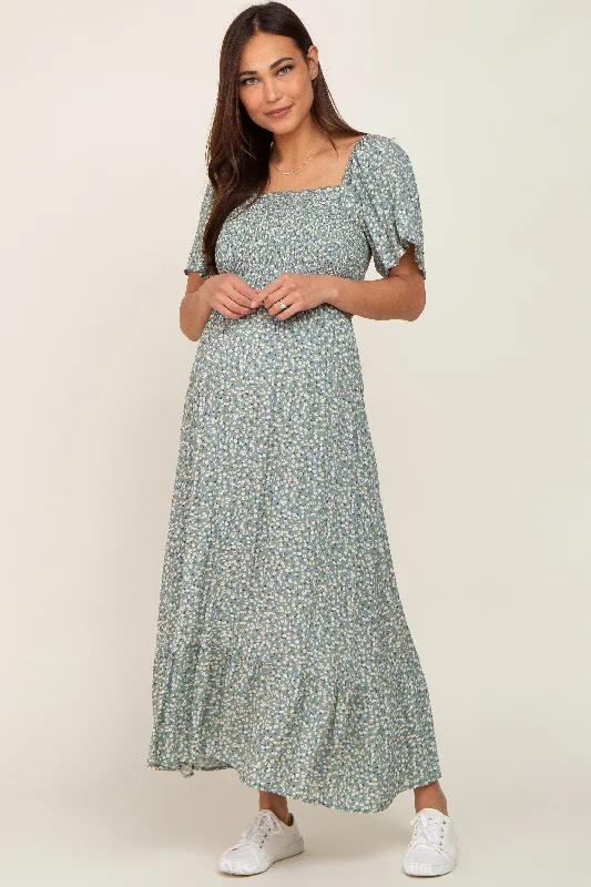 Prom DressMint Green Floral Smocked Flounce Sleeve Maternity Maxi Dress