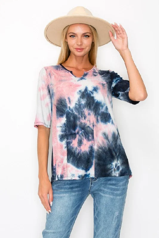 Sleep ShirtsPSFU Navy Pink Ribbed Horseshoe Neck Tie Dye Shirt Top