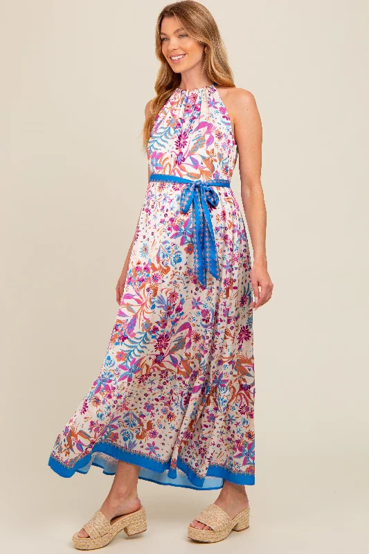 Modern DressViolet Floral Halter Front Tie Maternity Maxi Dress