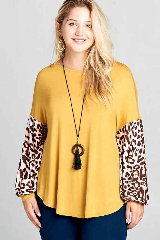 Embellished ShirtsGold Shirt Top with Leopard Bubble Sleeves