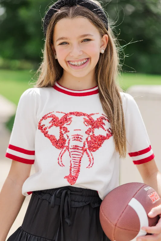 Girls: Stay In Character White/Red Elephant SweaterSheer Knit Tops