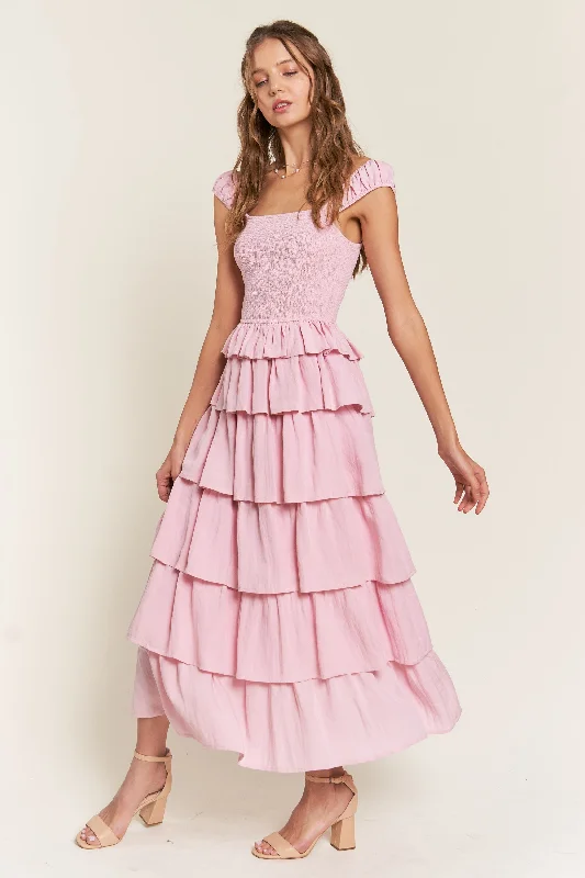 Evening DressPink Tiered Ruffle Maxi Dress