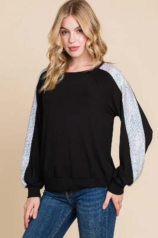 Lace-Up ShirtsBlack Shirt Top With Gorgeous Sequin Sleeves