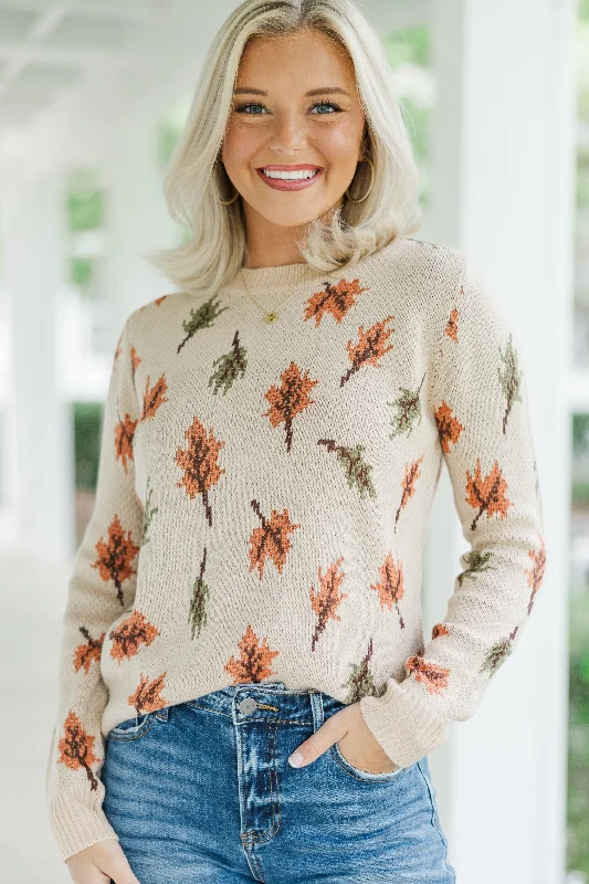 Take A Moment Taupe Leaf Print SweaterLogo Knit Tops