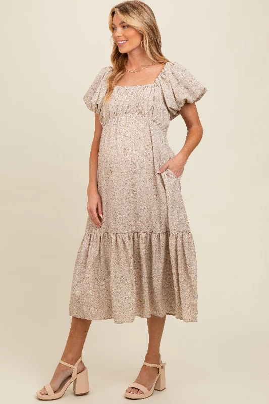 School DressLight Taupe Floral Puffed Sleeve Maternity Midi Dress