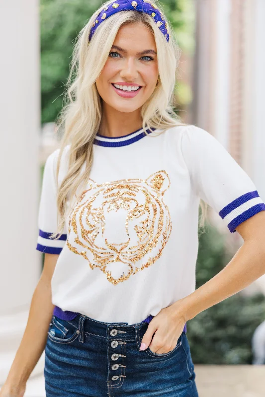 Stay In Character White/Purple Tiger SweaterGraphic Knit Tops